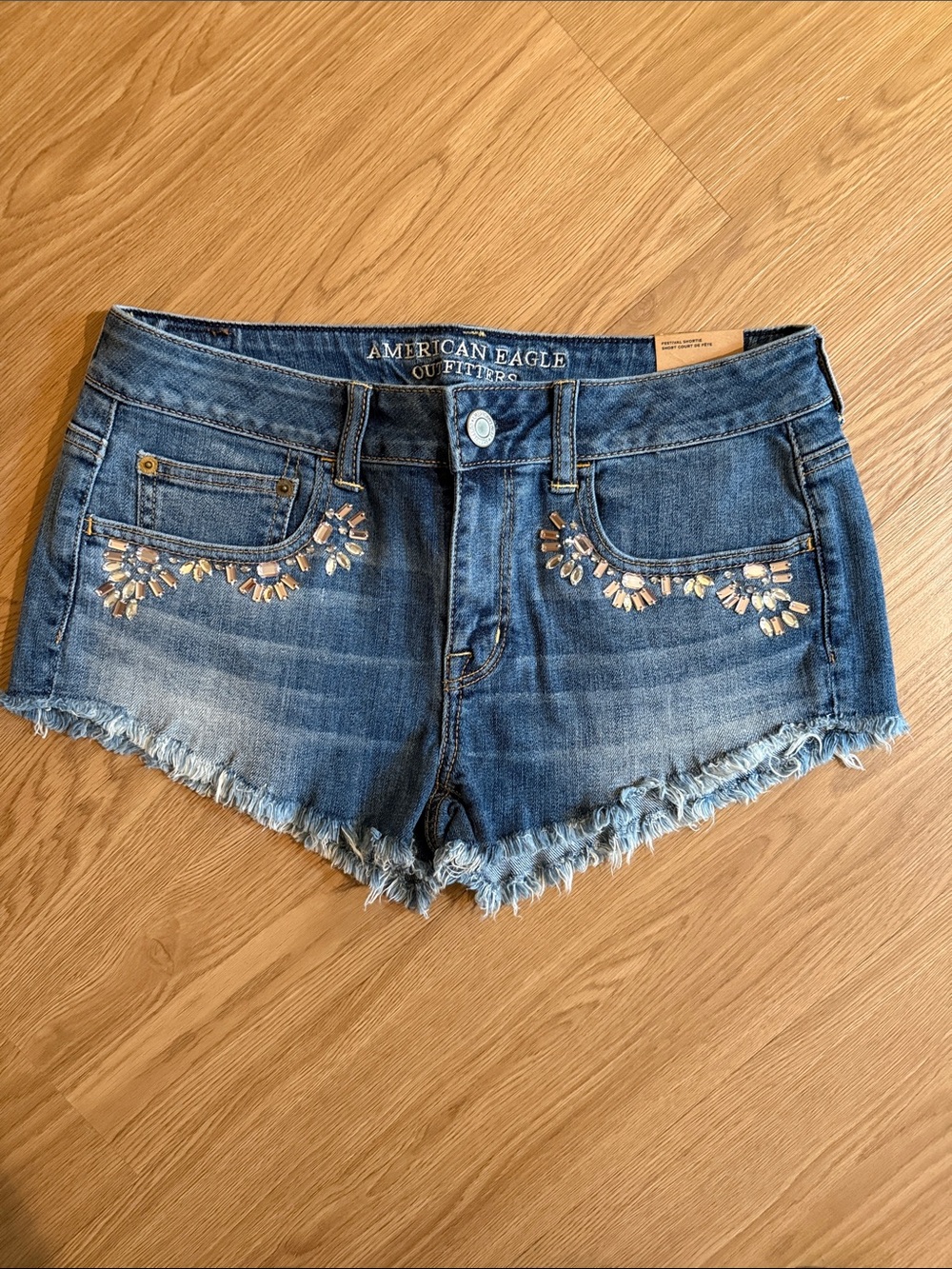 American Eagle Outfitters Blue Denim Festival Shorts with Embellished Front